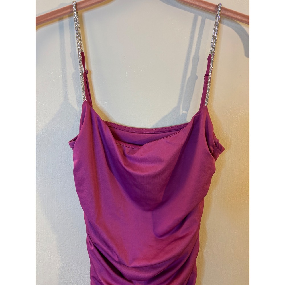 Lucy In The Sky Pink Ruched Rhinestone Strap Mini Dress M Keyhole Back - Picture 3 of 8